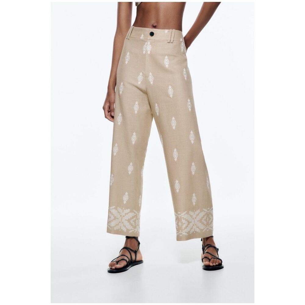 Zara Pants Womens M Tan White Linen Cropped Embroidered Boho Casual Summer